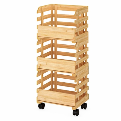 Đứng cỏ tre bền vững 3 tầng với bánh xe cho trái cây rau